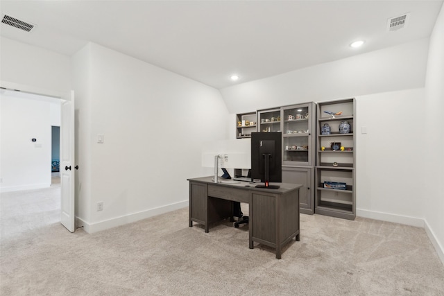office with light colored carpet, baseboards, and recessed lighting