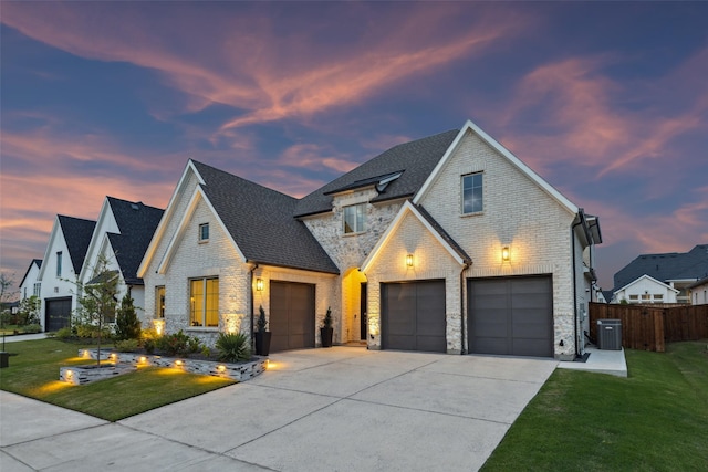 view of front of house with concrete driveway, stone siding, brick siding, central AC, and a shingled roof