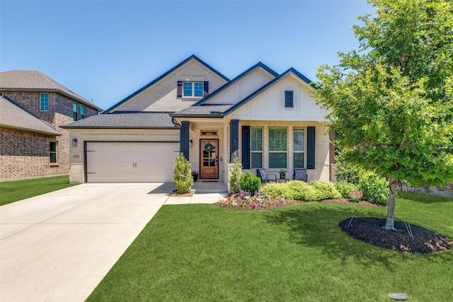 3024 Evergreen Trl, Celina, TX 75009 - craftsman-style home with a garage, a front lawn, concrete driveway, board and batten siding, and brick siding