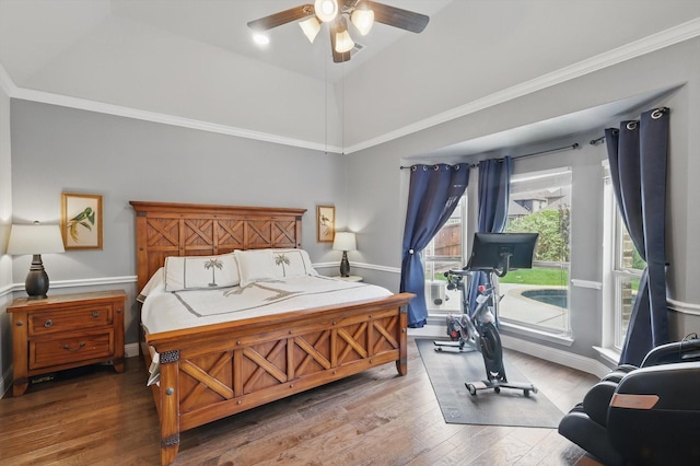 bedroom featuring access to outside, wood finished floors, lofted ceiling, ornamental molding, and a ceiling fan