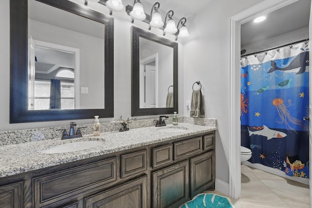 bathroom with double vanity, tile patterned flooring, toilet, and a shower with shower curtain