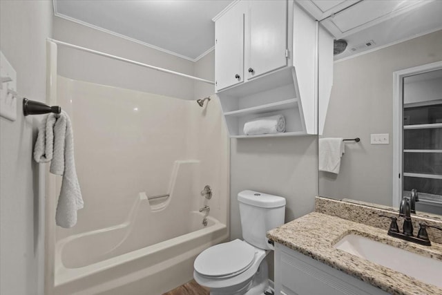 3205 Creekwood Cir, Waco, TX 76710 - full bathroom featuring crown molding, shower / washtub combination, toilet, and vanity