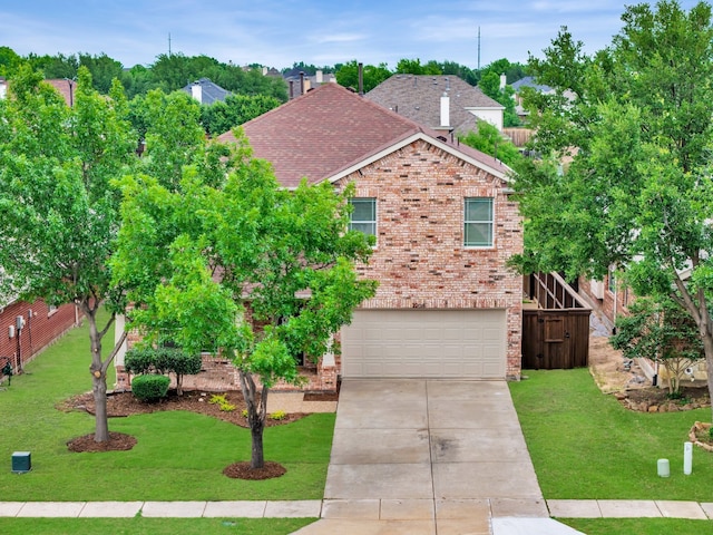 view of front of home with brick siding, a garage, concrete driveway, a front yard, and roof with shingles