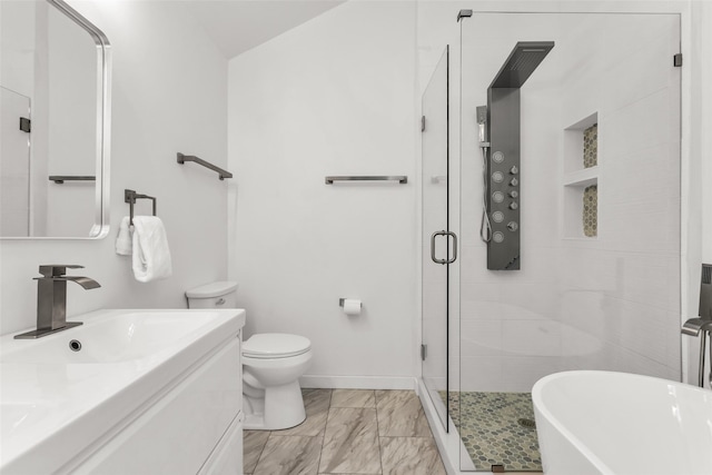 3841 Beaumont Ln, Plano, TX 75023 - bathroom featuring a stall shower, vanity, a soaking tub, and baseboards