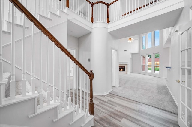 carpeted entryway with a high ceiling, stairway, baseboards, a ceiling fan, and wood finished floors