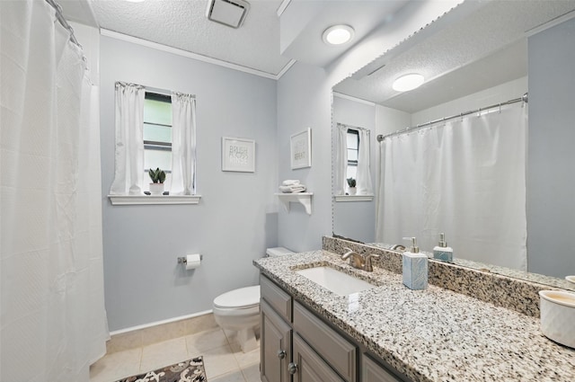 full bath featuring toilet, tile patterned floors, baseboards, vanity, and a textured ceiling