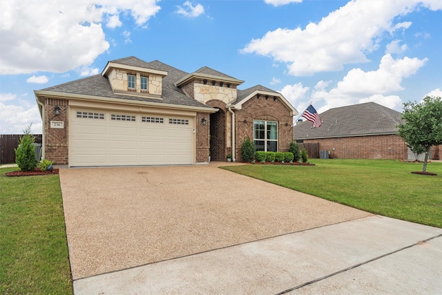 view of front facade featuring brick siding, concrete driveway, a garage, and roof with shingles