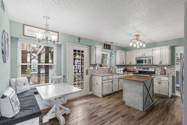 7012 Fox Dr, The Colony, TX 75056 - kitchen with stainless steel appliances, a chandelier, butcher block countertops, dark wood-type flooring, and a textured ceiling