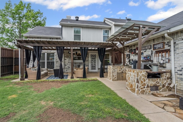 7012 Fox Dr, The Colony, TX 75056 - rear view of property with a pergola, an outdoor living space, a patio area, and a shingled roof