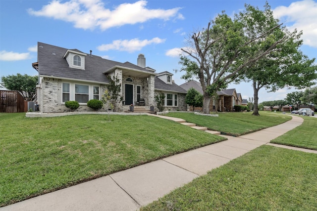 7012 Fox Dr, The Colony, TX 75056 - view of front facade featuring a front lawn, brick siding, and a chimney
