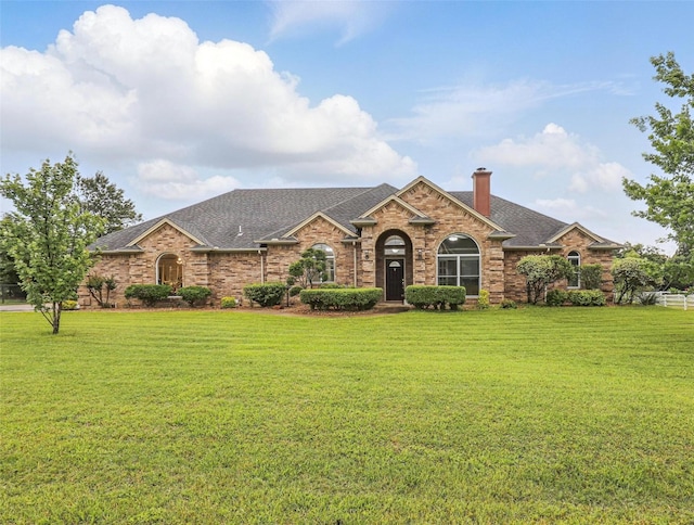 ranch-style house featuring roof with shingles, a front yard, a chimney, and brick siding