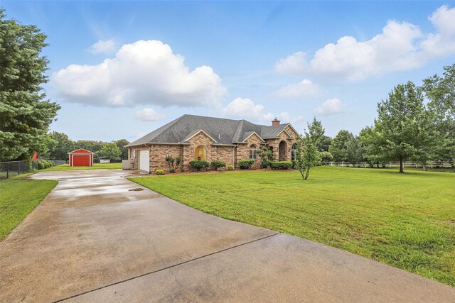 view of front of property featuring concrete driveway, a chimney, an attached garage, and brick siding