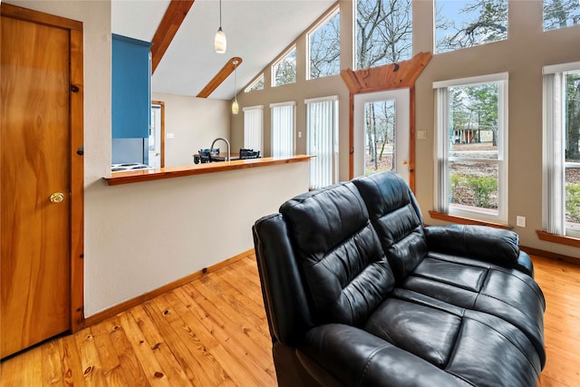 168 Knollwood Ln, Holly Lake Ranch, TX 75765 - living area featuring high vaulted ceiling, healthy amount of natural light, light wood finished floors, baseboards, and beam ceiling