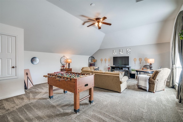 playroom with carpet, ceiling fan, lofted ceiling, and baseboards