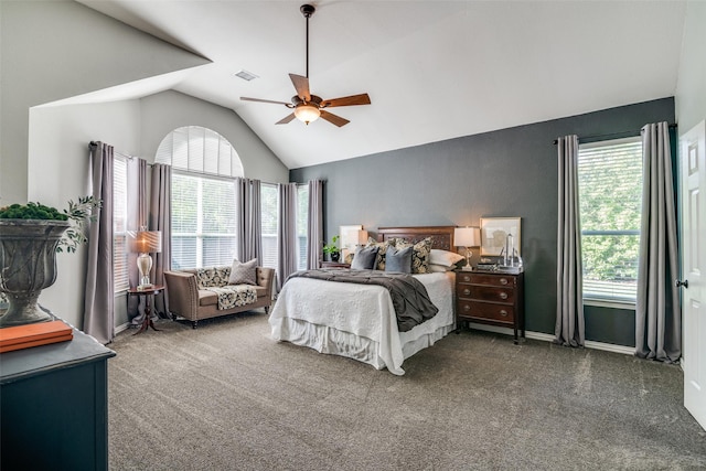 carpeted bedroom featuring vaulted ceiling and a ceiling fan