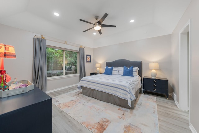3809 Runge Ct E, Irving, TX 75038 - bedroom with light wood-type flooring, baseboards, recessed lighting, and a ceiling fan