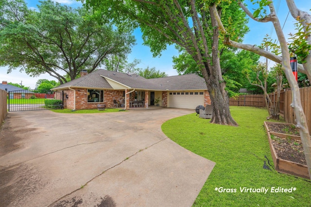 3809 Runge Ct E, Irving, TX 75038 - ranch-style home with a garage, driveway, brick siding, a shingled roof, and a gate
