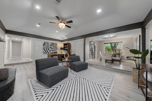 3809 Runge Ct E, Irving, TX 75038 - living room with light wood-style floors, a ceiling fan, baseboards, and recessed lighting