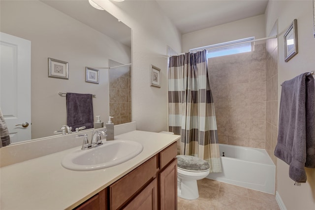 4458 Hartebeest Trl, Frisco, TX 75034 - bathroom featuring toilet, shower / bathtub combination with curtain, vanity, and tile patterned flooring