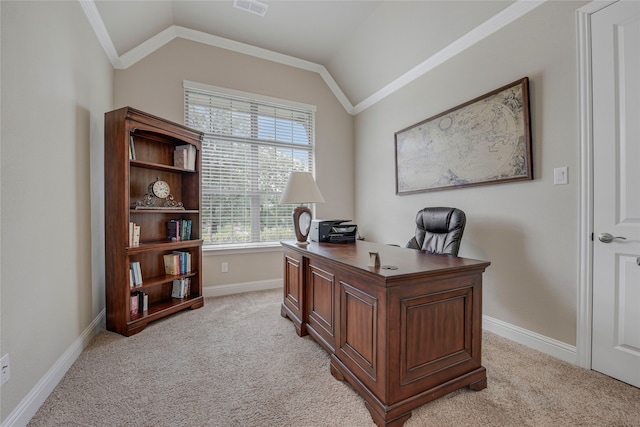4458 Hartebeest Trl, Frisco, TX 75034 - office space with light colored carpet, vaulted ceiling, baseboards, and crown molding