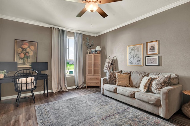 living room featuring ceiling fan, wood finished floors, ornamental molding, and baseboards