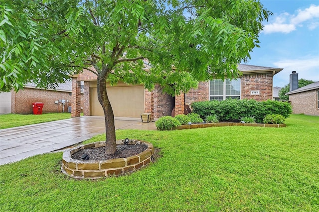 view of property hidden behind natural elements with brick siding, concrete driveway, a front lawn, and a garage