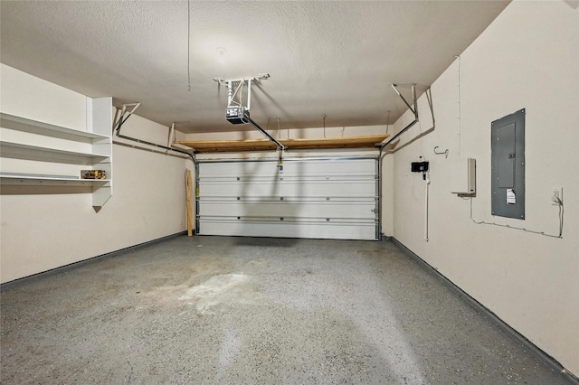 garage with electric panel and a garage door opener