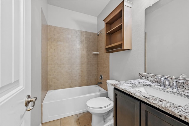 bathroom featuring tile patterned flooring, toilet, tub / shower combination, and vanity