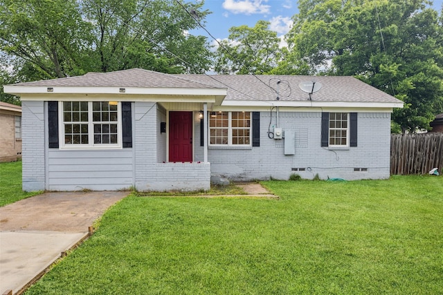 ranch-style house featuring crawl space, brick siding, and a shingled roof