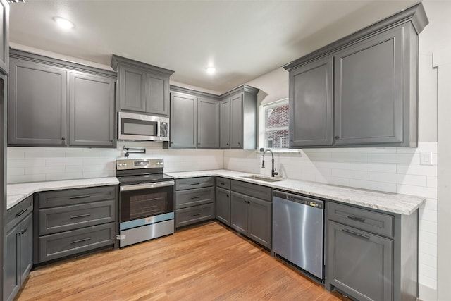 2735 S Jennings Ave, Fort Worth, TX 76110 - kitchen featuring appliances with stainless steel finishes, a sink, gray cabinetry, light wood-style flooring, and tasteful backsplash