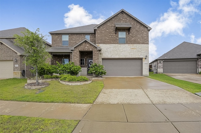 traditional-style home with brick siding, a front yard, driveway, and an attached garage
