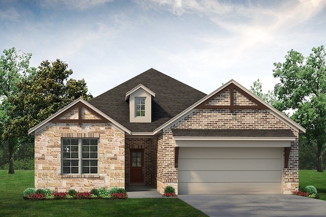 view of front facade featuring brick siding, a garage, concrete driveway, and stone siding