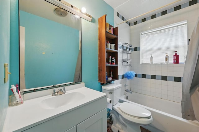 bathroom featuring shower / tub combo with curtain, toilet, and vanity