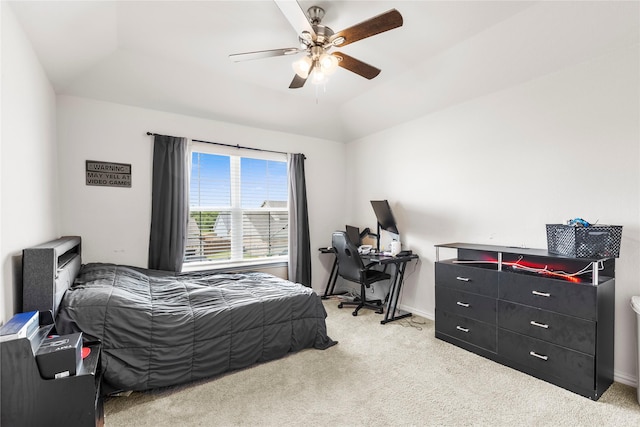 804 Feather Edge Dr, Springtown, TX 76082 - bedroom featuring light colored carpet, ceiling fan, baseboards, an office area, and vaulted ceiling