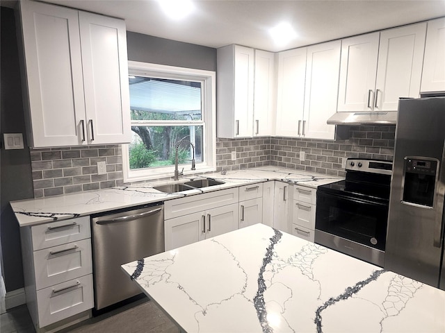 6604 Tabor St, North Richland Hills, TX 76180 - kitchen featuring stainless steel appliances, a sink, under cabinet range hood, and white cabinetry