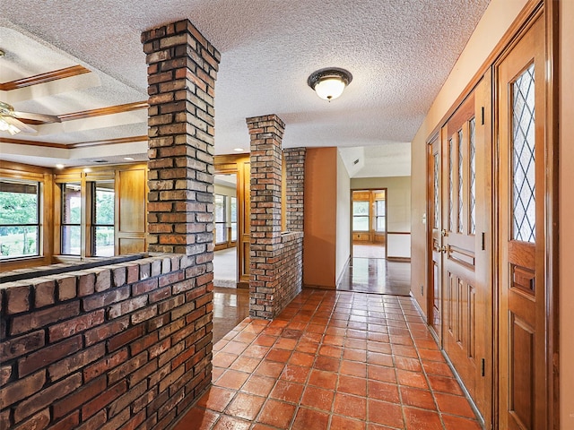 302 Fairway Ct, Willow Park, TX 76087 - hall with decorative columns and a textured ceiling