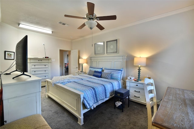 carpeted bedroom with crown molding and ceiling fan