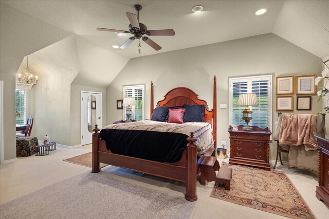 bedroom with lofted ceiling, light carpet, ceiling fan, a chandelier, and recessed lighting