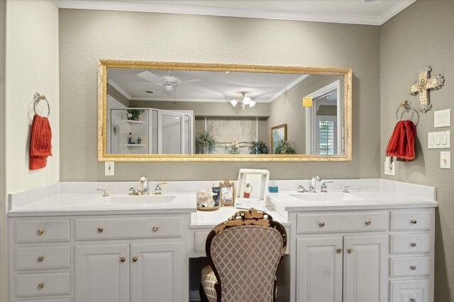 bathroom with crown molding, a stall shower, vanity, and ceiling fan