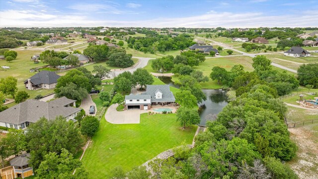 aerial perspective of suburban area with a nearby body of water