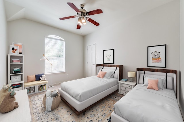 bedroom with ceiling fan and light wood finished floors