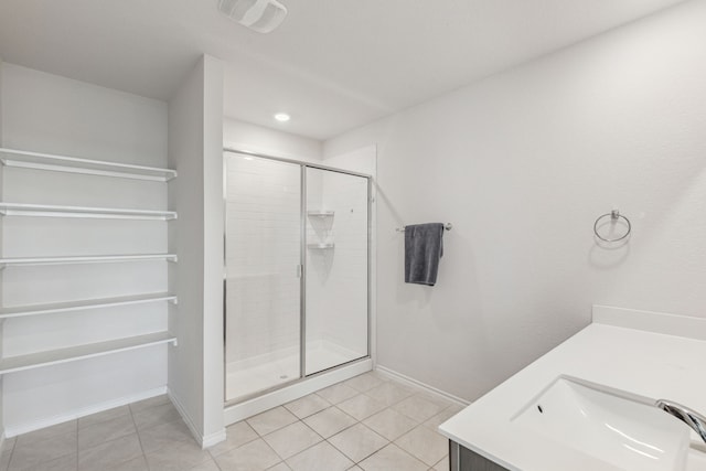 3936 Burks Ct, Celina, TX 75009 - full bath with a stall shower, tile patterned flooring, baseboards, vanity, and recessed lighting
