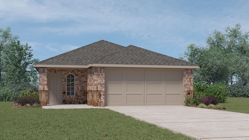 view of front facade with roof with shingles, driveway, an attached garage, a front lawn, and stone siding