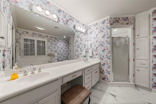 209 Village Cir, Waco, TX 76710 - full bathroom with ornamental molding, wallpapered walls, a shower stall, double vanity, and baseboards