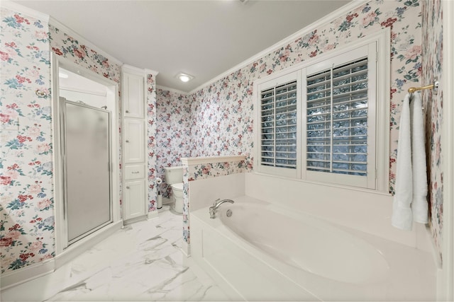 209 Village Cir, Waco, TX 76710 - bathroom with wallpapered walls, crown molding, a stall shower, a garden tub, and toilet
