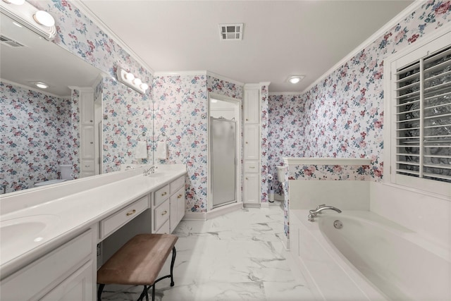 209 Village Cir, Waco, TX 76710 - full bathroom featuring ornamental molding, wallpapered walls, a shower stall, double vanity, and a bath