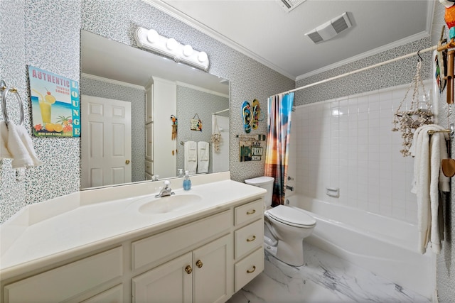 209 Village Cir, Waco, TX 76710 - full bath featuring crown molding, toilet, shower / tub combo with curtain, vanity, and wallpapered walls