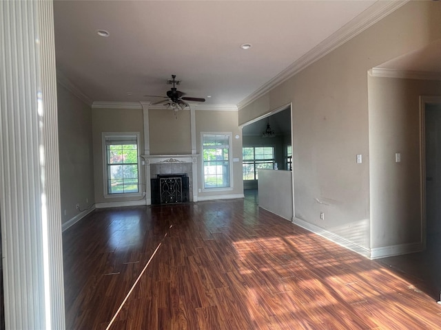 2127 Forest Hills Blvd, Haughton, LA 71037 - unfurnished living room with ceiling fan, wood finished floors, baseboards, ornamental molding, and a fireplace