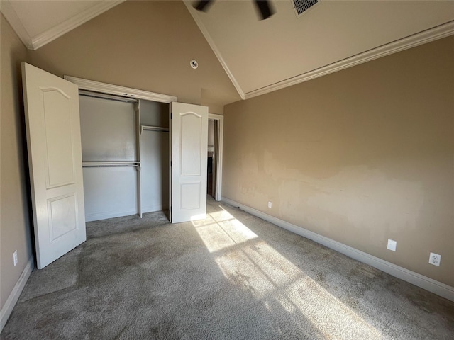 2127 Forest Hills Blvd, Haughton, LA 71037 - unfurnished bedroom featuring lofted ceiling, light carpet, a closet, baseboards, and ornamental molding