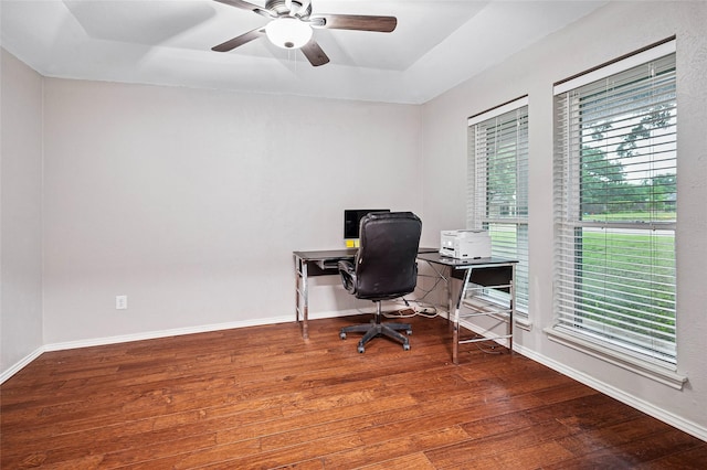 office space with wood finished floors, a tray ceiling, ceiling fan, and baseboards